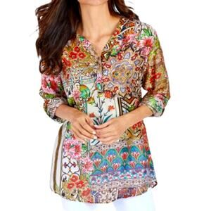 Cienna Floral Silk Tunic Blouse Multicolor Tropical Size XL Boho 3/4 Sleeve